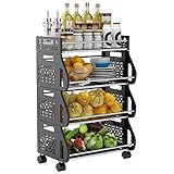 Fruit Storage Basket,DUSASA Rolling Stackable Vegetable Fruit Basket Utility Cart Rack,Metal Storage Organizer Bin for Kitchen, Pantry Closet, Bedroom, Bathroom,Garage (Black)