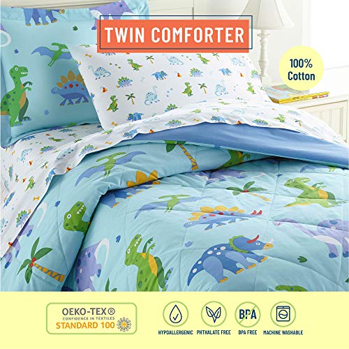 Wildkin Kids 100% Cotton Twin Comforter For Boys & Girls, Includes Lightweight Comforter And One Pillow Sham, Comforter For Kids Fits Standard Twin Mattress (Dinosaur Land) #TOP1