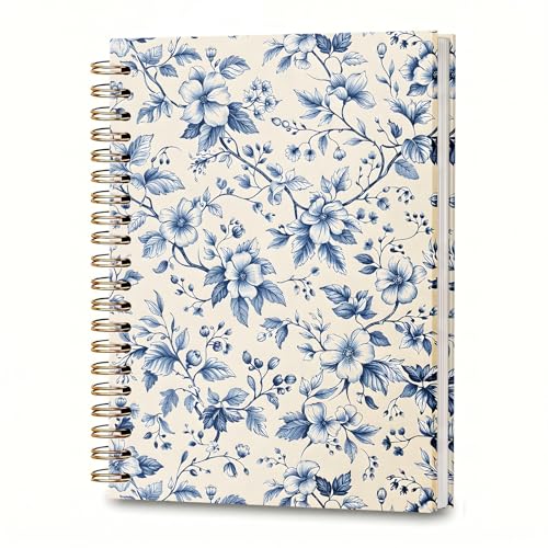 A5 Aesthetic Spiral Notebook for Women, Lined Journal for Writing, 5.8" x 8.3" College Ruled Hardcover Notebook for Work, School & Daily Notes, 100 GSM Thick Paper, 120 Pages, cute blue flowerr