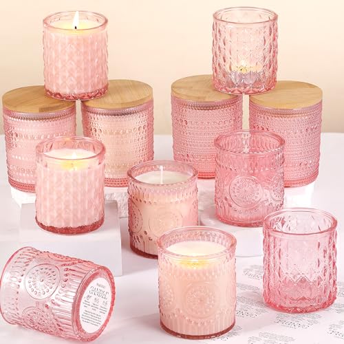 DARJEN 12 Pack Pink Candle Jars for Making Candles- 3 Styles Glass Candle Making Jars Bulk with Bamboo Lids and Labels, Candle Making Supplies Candle Vessels for DIY Gifts