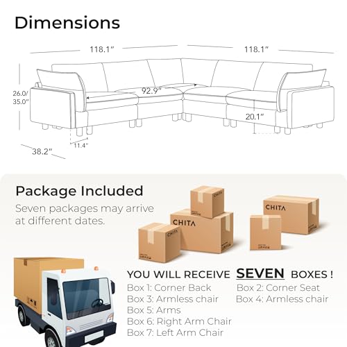 Image of CHITA 118 inch Leather Super Large Sectional Couches for Living Room, Modular Cloud Sofa, Premium Genuine Leather Sofa, Down Filled, High Density Foam, Real Leather in Cream, 5 Seat Corner Couch