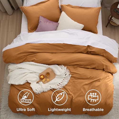 Image of Bedsure Honey Ginger Duvet Cover Full Size - 3 Pieces Prewashed Extra Soft Cotton-Like Bedding Set, Includes 1 Duvet Cover 80x90 Inches with Zipper Closure & 2 Pillow Shams, Comforter Not Included