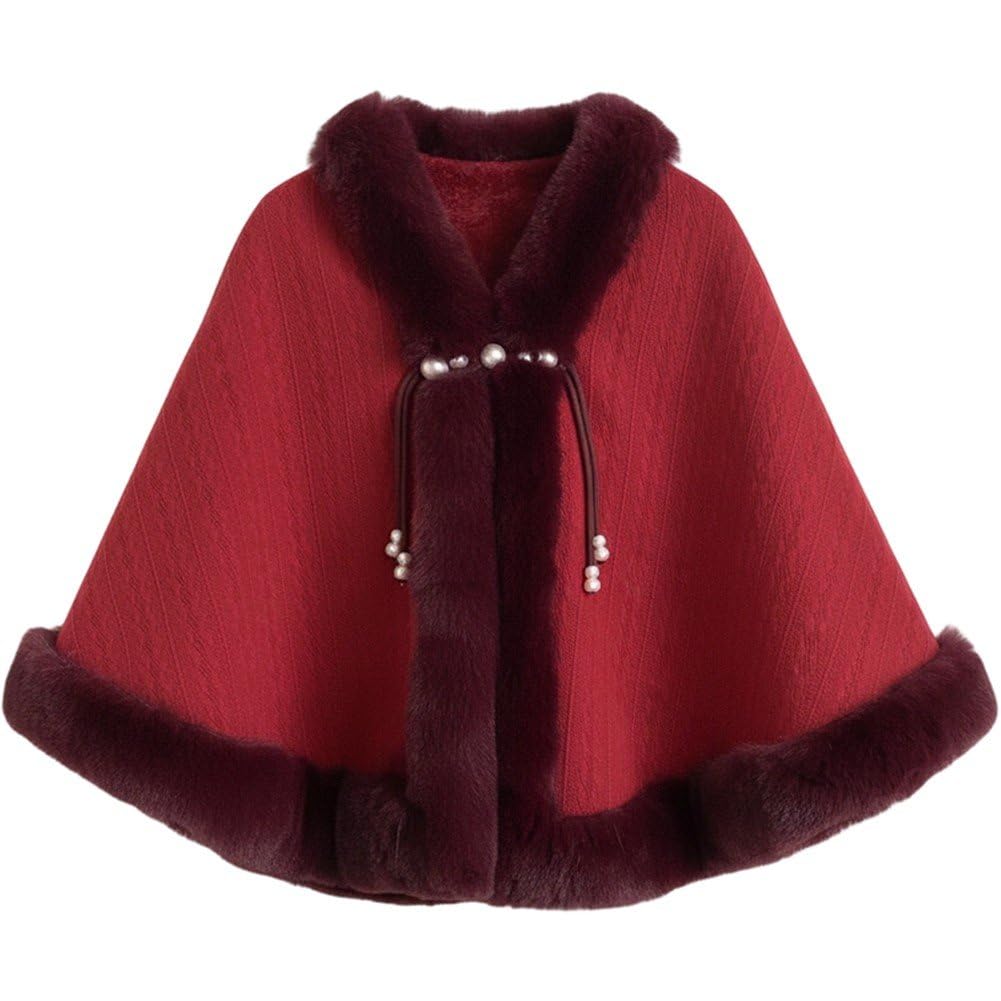 Poncho de invierno para mujer con cuello de piel sintética y diseño de chal elegante