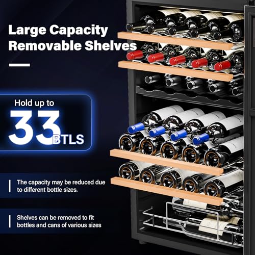 Image of ROVSUN 33 Bottle Wine Fridge, Dual Zone Wine and Beverage Refrigerator with Independent Temp Control & LED Control Panel, Freestanding Wine Cooler Chiller for Red White Wine, Champagne, Beer