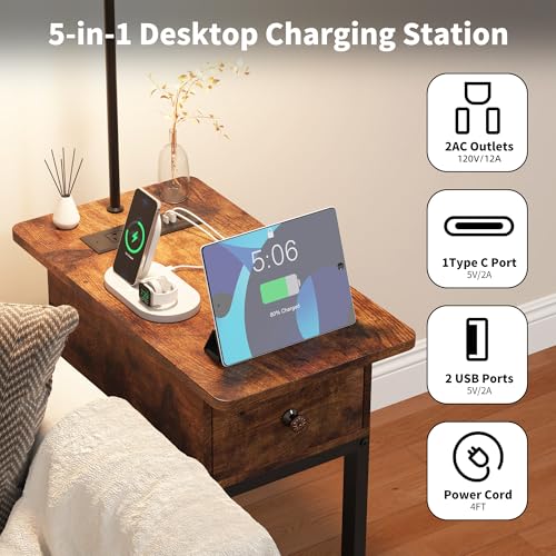 Image of runjuly Floor Lamp with Table, Side Table with Lamp Attached, Narrow End Table with LED Lights and Charging Station, Nightstand with Wood Drawer for Living Room, Bedroom, Rustic Brown