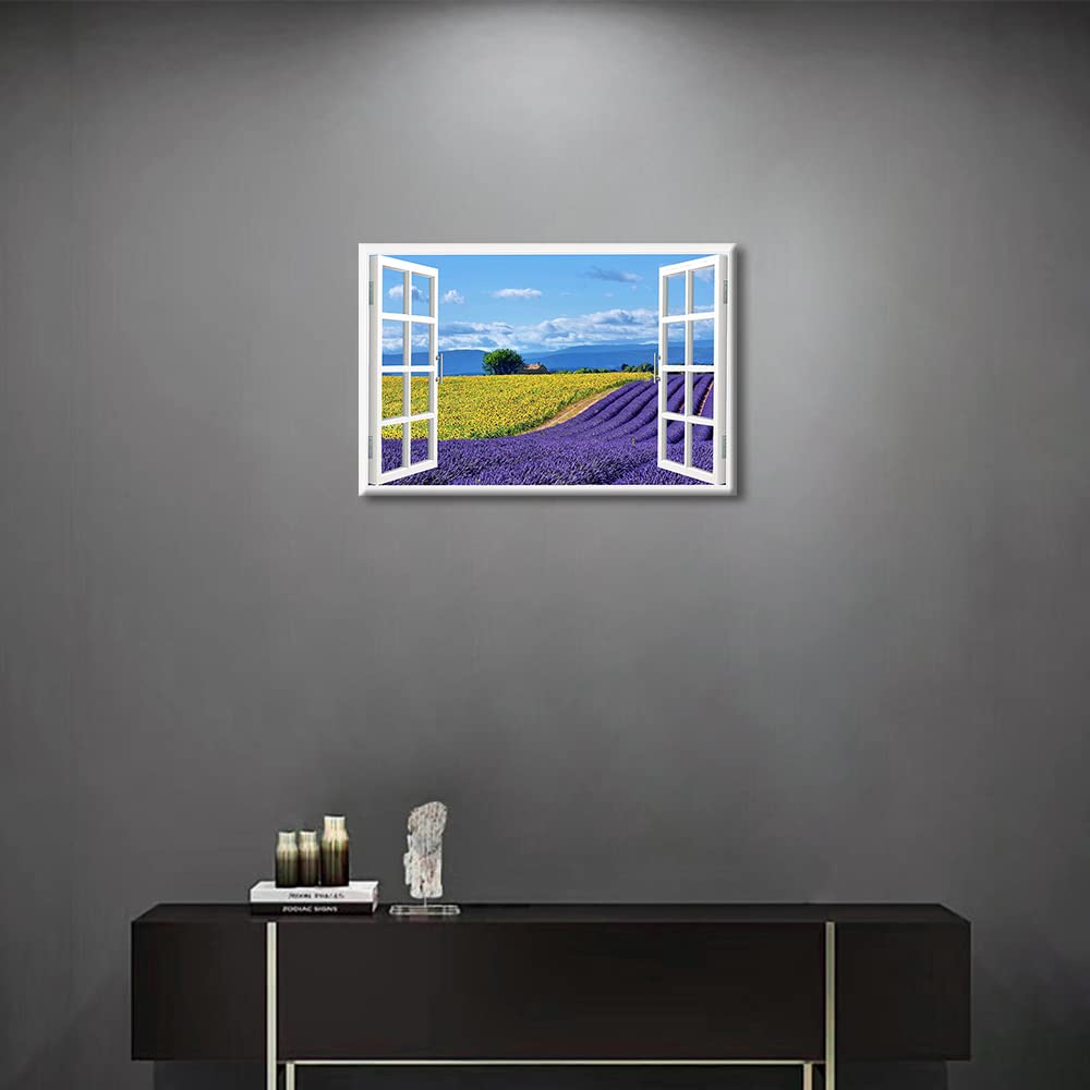 TISHIRON Lavender Flowers View 3D Window Effect Canvas Art Provence Modern Art Rustic Scenic Artwork Canvas Prints for Living Room Bedroom Office Posters Prints Framed Ready to Hang - Image 4