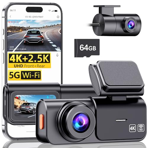 AXB Dash Cam Front and Rear: 4K+2.5K Dashcam with 5G WiFi APP Control & 64GB Card - Dual Dash Camera for Cars with 24H Parking Mode Night Vision Loop Recording Emergency Lock (V3)