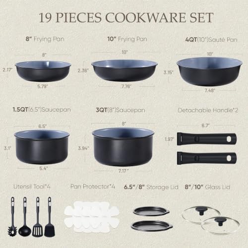 Image of CAROTE 19pcs Ceramic Cookware Set Detachable Handle,Pots and Pans Non Stick