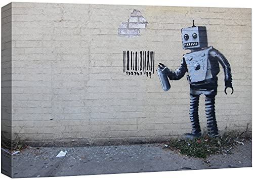 Wall26 - Canvas Print Wall Art - Robot Spray Paint Barcode - Street Art - Guerilla - Banksy Street Artwork on Canvas Stretched Gallery Wrap. Ready to Hang - 24 x 36 inches