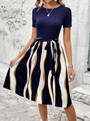 Image of Women's Elegant Vintage Round Neck Short Sleeve Summer Casual Work Party A-Line Dress with Belt 809