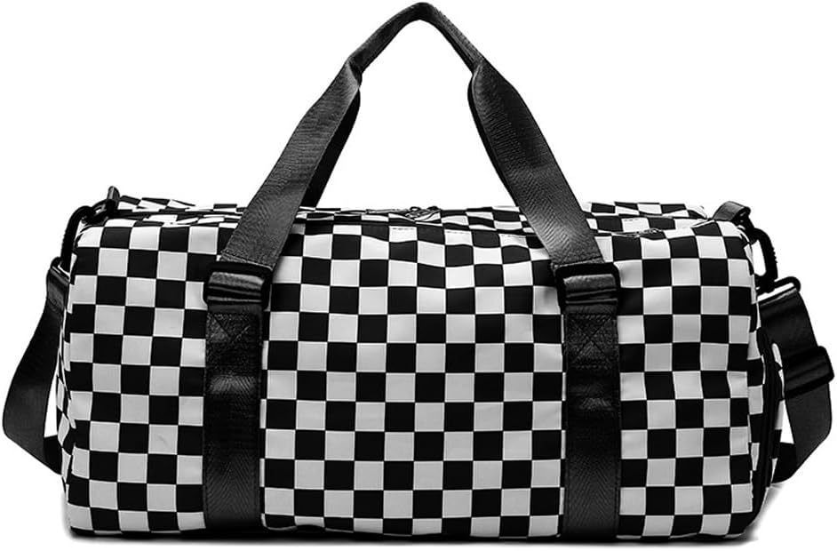 Checkered Gym Duffel with Shoes Compartment & Wet Pocket, Sports Dance Travel Bag for Women/Men (Black) - Image 7