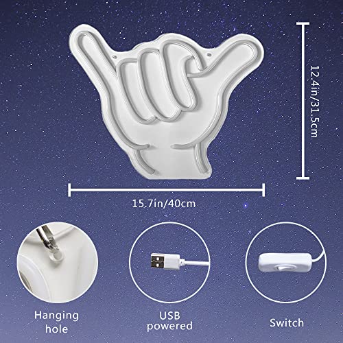 Image of Neon Signs Shaka Hand Gesture Hang Hand Symbol LED Light for Wall Decor Aloha Hawaiian Greeting Lamp inch15.7x12.4 inch for Home Bedroom Restaurants Retail Shops Bar Party(White)