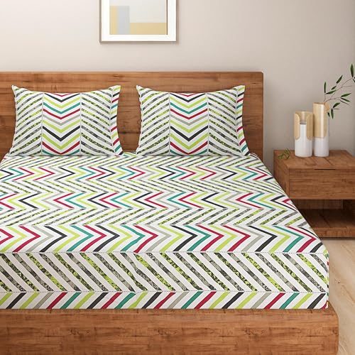 Image of Swayam Roto Cotton King Bedsheet with 2 Pillow Covers | Size 108 x 108 inch | 144 TC | Geometric Design | Soft Breathable Bed Sheet | Comfortable & Durable for Bedroom - Green