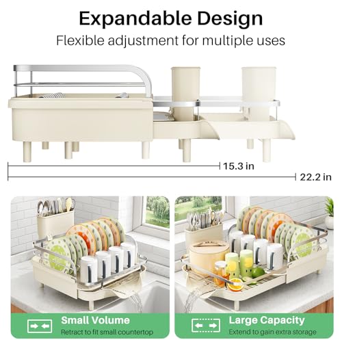 Image of SAYZH Dish Drying Rack - Expandable Dish Rack for Kitchen Counter, Rust-Resistant Dish Drainer with Utensil Holder and Raised Guardrail, Kitchen Organizer for Cup and Bottle (Beige)