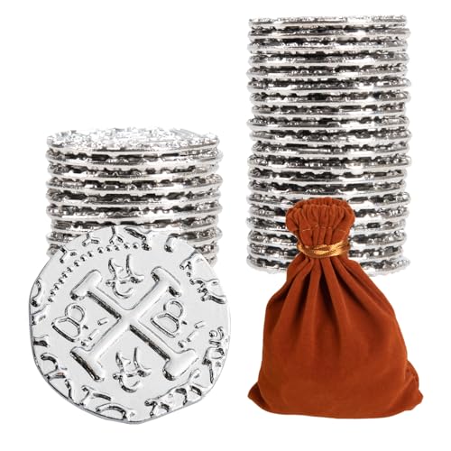 v2croft 50 Metal Pirate Coins, Silver Treasure Coin Set, Metal Replica Spanish Doubloons for Board Games Tokens, Kids Cosplay Pirate Party Treasure Chest Coin (1.18'')