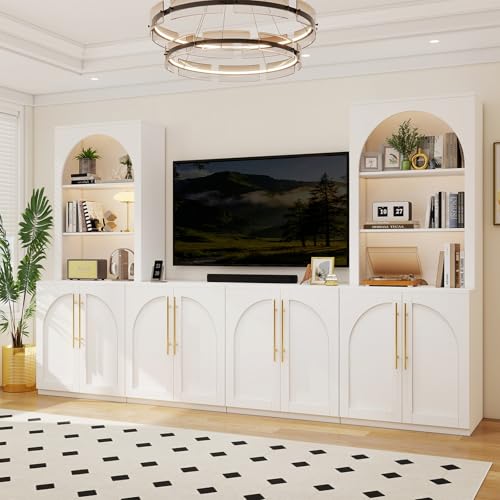 77.6 Tall Entertainment Center with Bookshelves TV Stand Wall Unit for TVs up to 70 Farmhouse Wooden Cabinet Media Console 8 Doors 30 Shelves Modular Storage Living Room 2000+ Lbs Capacity White