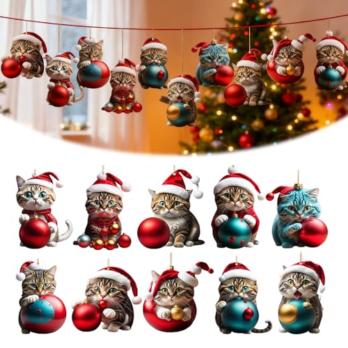 Verrückte Christbaumanhänger 29 LUMOOM 10 Stück Weihnachtsbaum Katzen Anhänger, 2D Acryl Lustiger...