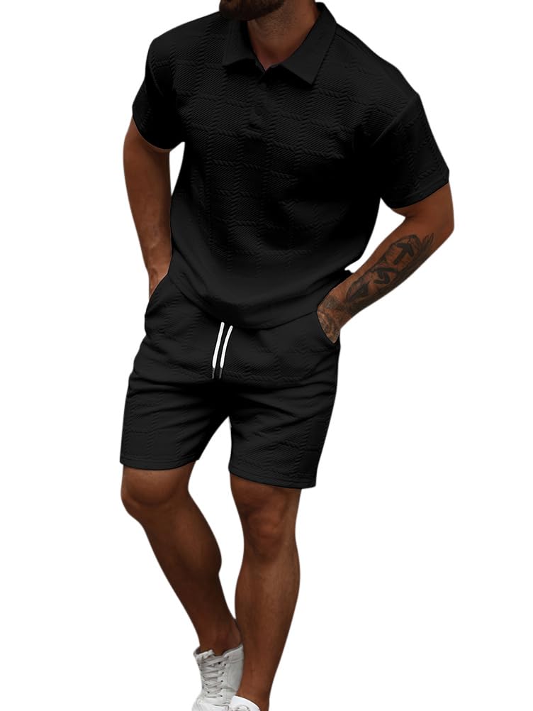 Completi Tuta da Uomo 2 Pezzi T-Shirt Camicia Manica Corta Poloshirts Con Bottoni + Pantaloncini da Spiaggia Moda Tute Taglia Larga Estivo