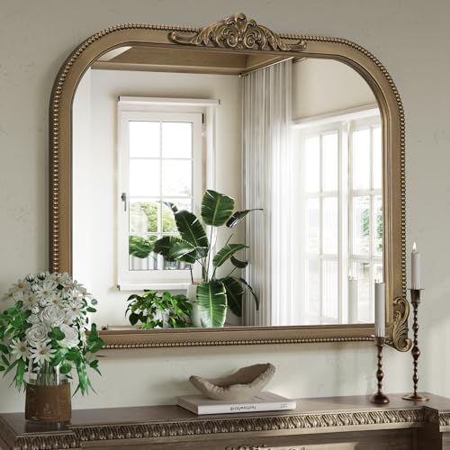 Antique Gold Arched Mirror, 30x36 Inch Vintage Bathroom Mirrors for Over Sink with Ornate Beaded Frame, Gold Vanity Mirrors for Wall Decoration, Living Room, Bedroom, Mantel, Entryway