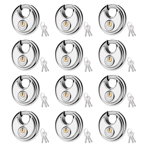 70MM Discus Padlock with Same 3 Brass Keys,304 Stainless Steel Disc Lock with Brass Gallows to Prevent Rusting,Thick Sturdy Hook to Prevent Picking.12 Pack-XZJYYF