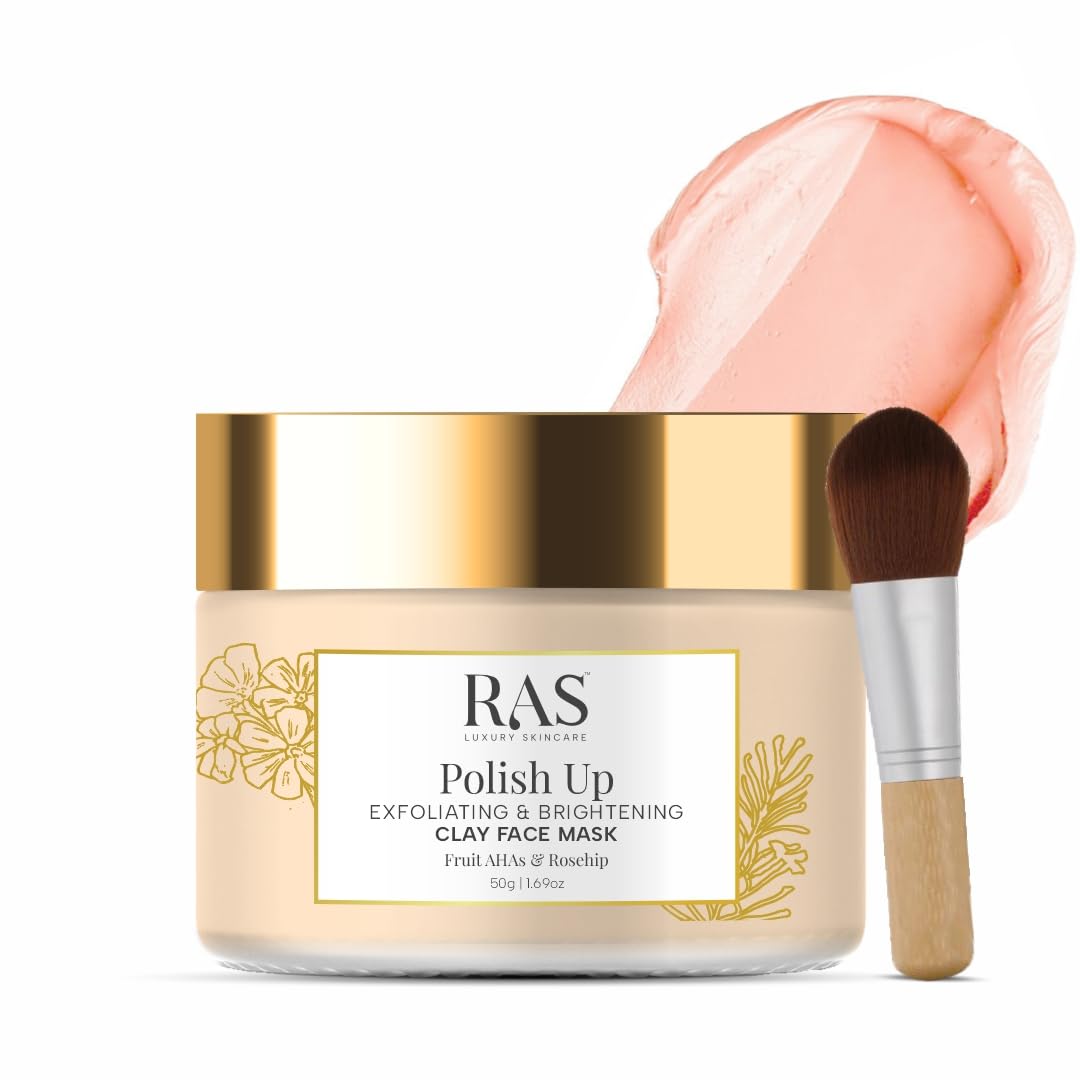 RAS Luxury Oils Polish Up Exfoliating & Brightening Clay Face Mask With Fruit AHAs & Rosehip | Softens & Hydrates Skin | Helps to Reduce Fne Lines & Wrinkles | Cruelty Free & 100% Vegan, 50g