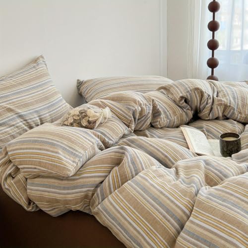 Image of Nayoroom Striped Duvet Cover Queen Size Blue Brown Stripe Duvet Cover Dorm Bedding Set 3 Pieces Soft Breathable Microfiber Farmhouse Bedding Set