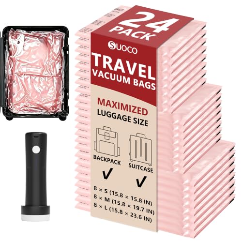 Image of Travel Vacuum Bags for Clothing with Cordless Pump 24 Combo, Pink | Compression Packing Cubes Organizer Storage for Luggage Suitcase, Space Saver Seal Bags for Vacation Cruise