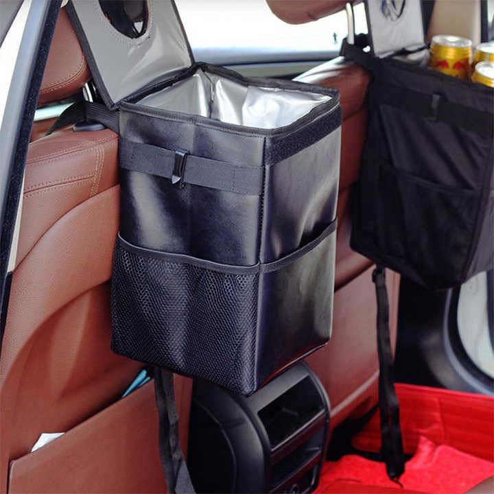 Image of Car Trash Can with Lid and Storage Pockets - 100% Leak-Proof Organizer, Waterproof Trash Can, Multi-Purpose Car Trash Can, 2 Gallon, Black