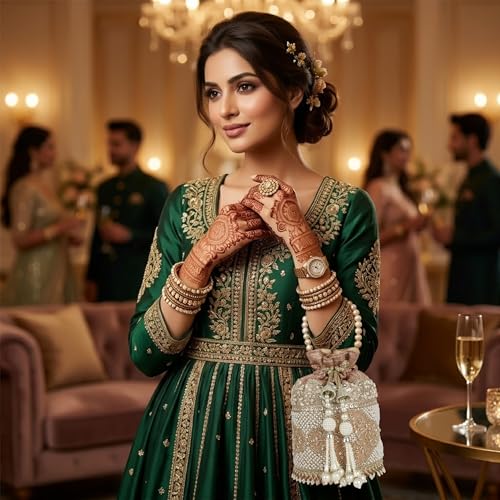 Image of Nevis Silk Fabric Luxury Pearl Embroidered Potli Bag for Women | Bridal Ethnic Drawstring Clutch with Beaded Handle Wedding | Potli Bag