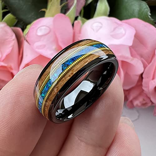 8mm Tungsten Rings for Men Women Engagement Wedding Bands Whisky Barrel Wood Guitar String Blue Opal Inlay Domed Polished Comfort Fit4