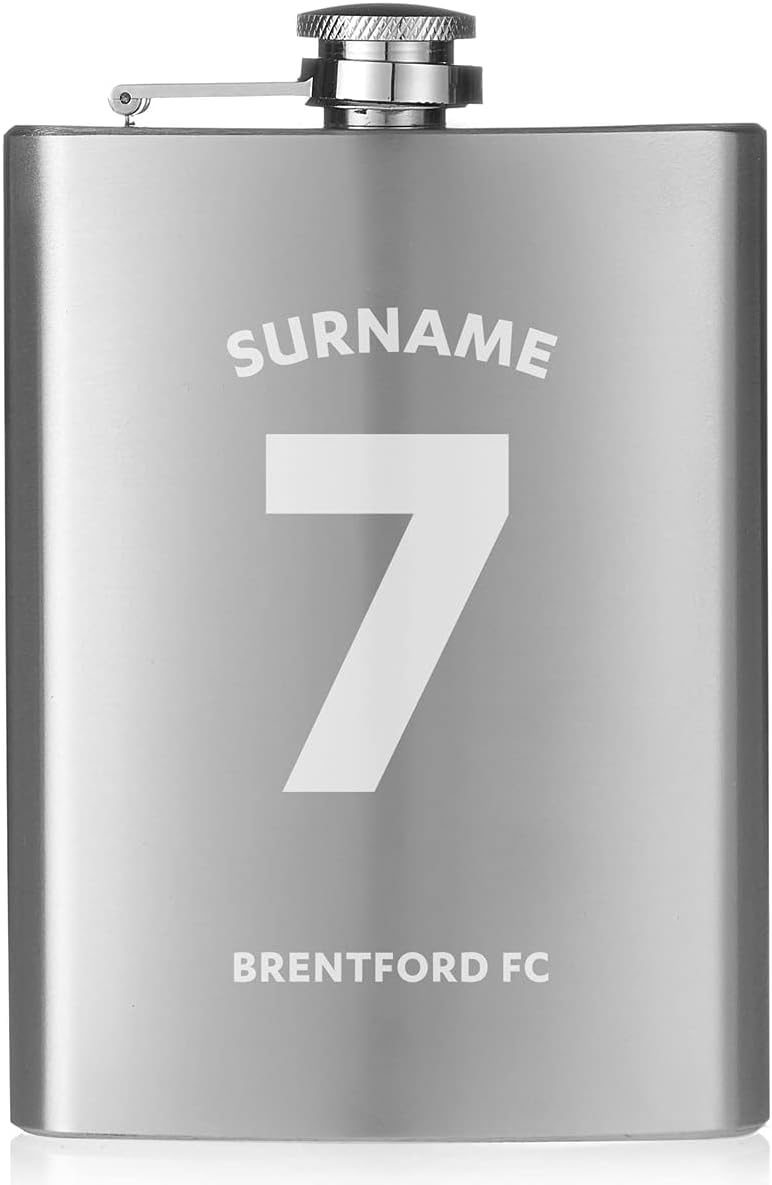 Brentford flask: Personalised Shirt Design 8oz Hip Flask for FC Fans, Supplied in Silk Lined Gift Box, Includes Funnel — 2…