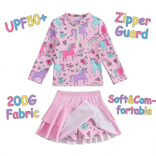 Image of Girls Rash Guard Swimsuit Set UPF 50+ Long Sleeve Two Piece Swimwear Half Zip with Skirt Bottom for Kids 3-10Y