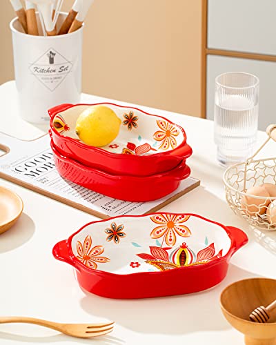 Set Of 3 Oval Au Gratin 10.5" X 6" Baking Dishes, Lasagna Pan, Ceramic Bakeware Ideal For Creme Brulee Easy Carry Handles - Nice Table Serving Dish - Oven To Table - Red #TOP4