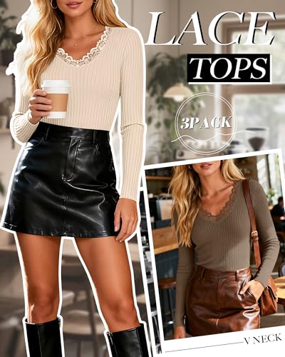 3 Pack Women's Cotton Long Sleeve Tops V Neck Ribbed Knit Lace Sexy Shirts Slim Fit Dressy Casual Tight Basic Tees3