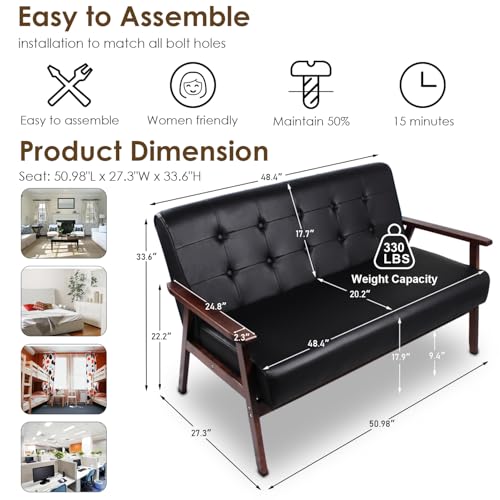 Image of STHOUYN Black Small Leather Couch, 2 Seater Loveseat with Wooden Armrest | STHOUYN, Waiting Room Bench, Mid Century Modern, Living Room, Bedroom, Apartment, Dorm