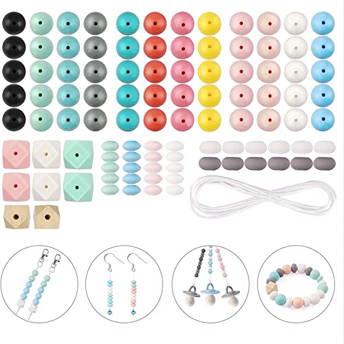 Glorlliant 100 Piezas Cuentas de Silicona DIY Forma Redonda Kit de Accesorios Poligonales Artesanías Hechas A Mano para Hacer Llavero Pulsera Collar Colorido
