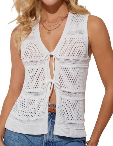GRACE KARIN Women's Elegant Hollow Knit Cardigan with Lacing Summer Thin Vest White XL