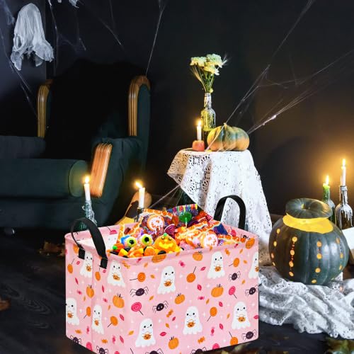 Image of Halloween Storage Basket Home Shelf Basket Rectangle Organizer Box Clothes Laundry Hamper Nursery Bin Gift Laundry Basket with Handles(Pink Cute Ghost Pumpkin)