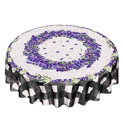Lavender Wreath Buffalo Plaid Tablecloth, Farmhouse Decor, French Purple Flowers Round Tablecloths Circular Washable Polyester Table Cloths Cover for Kitchen Party Wedding Picnic Dining Decor 60 inch