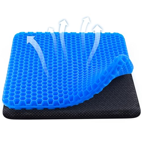 wiksite Gel-Sitzkissen, Wabendesign, doppelt dickes Gelkissen mit Stoffbezug, ergonomisches & kühles Sitzkissen für Zuhause, Büro, Stuhl, Auto, Rollstuhl, Sitzkissen, Blau - XL