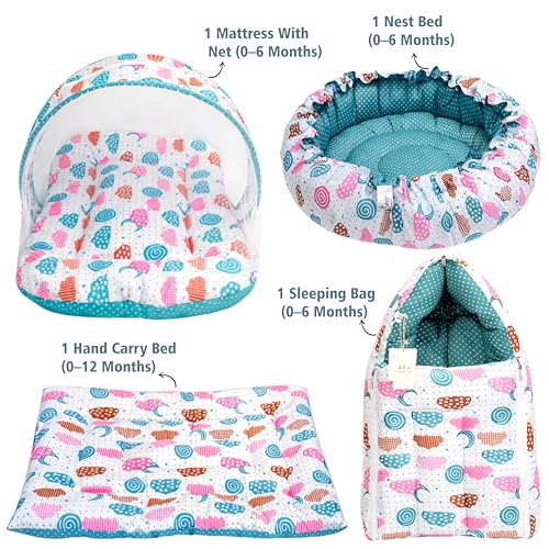 Image of Infantbond Baby Mattress with net | Baby Carry Bag | 4 Pcs Bedding Set | Baby Nest (0-6 Months) (Pista Green Sprial) (Full Set Nest)