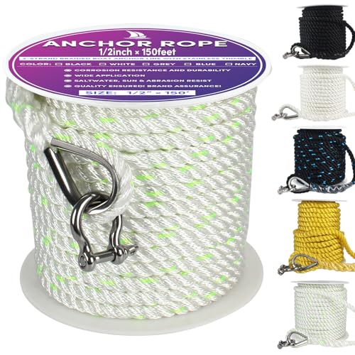 VEITHI Boat Anchor Rope 150 ft x 1/2 inch White/Green, 3 Strand Anchor Line Anchor Rope with Stainless Steel Thimble & Shackle Ideal for Towing,Docking,Mooring,Anchoring,for Boats Up to 35\'