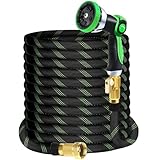 25Ft Non-Expandable Garden Hose with 10 Function Nozzles, Flexible, Lightweight, Kink-Free, Leak-Proof, Sturdy Water Hose with Strong Brass Connector