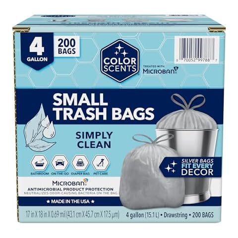 Color Scents Small Trash Bags - 4 Gallon, 200 Bags (1 Pack of 200 Count), Drawstring - Silver Bag in Simply Clean Scent with Microban Cover