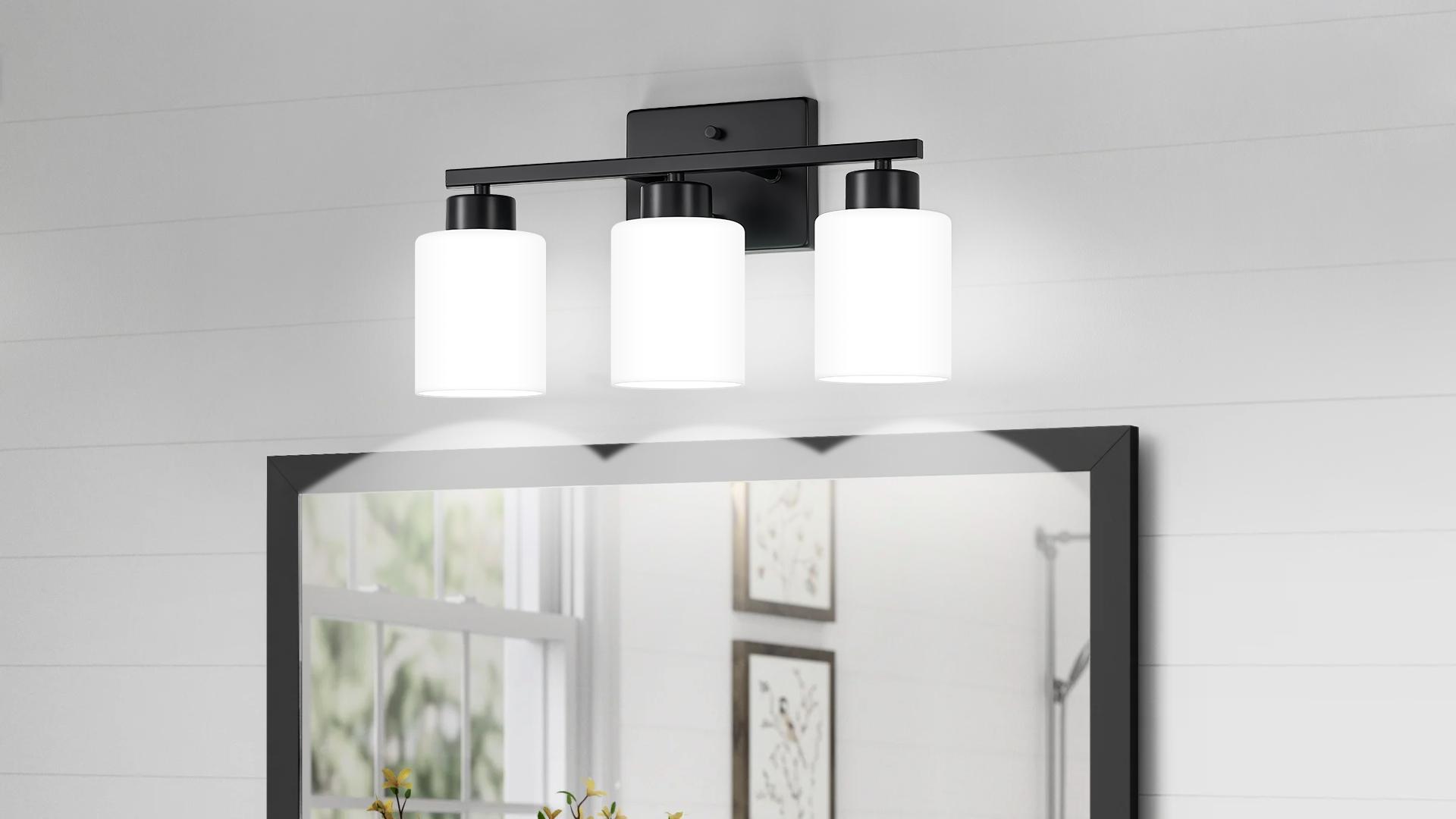 Image of FonmYim Black Bathroom Light Fixtures, 3-Light Modern Vanity Light Over Mirror, Wall Sconces with Milky White Frosted Glass Shades, E26 Socket (Bulbs Not Included)