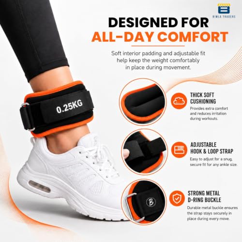 Image of Btag Premium Neoprene Ankle & Wrist Weights (0.25 kg x 2 Pcs) | Adjustable Strap | Unisex Leg & Arm Weight Cuffs for Gym, Workout & Training (Black /Orange)