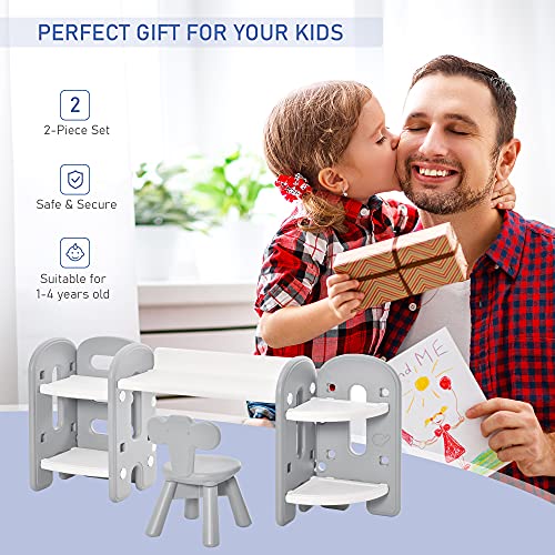 Qaba Kids Table And Chair Set, Activity Desk With Bookshelf & Storage For Study, Activities, Arts, Or Crafts, Grey And White #TOP3