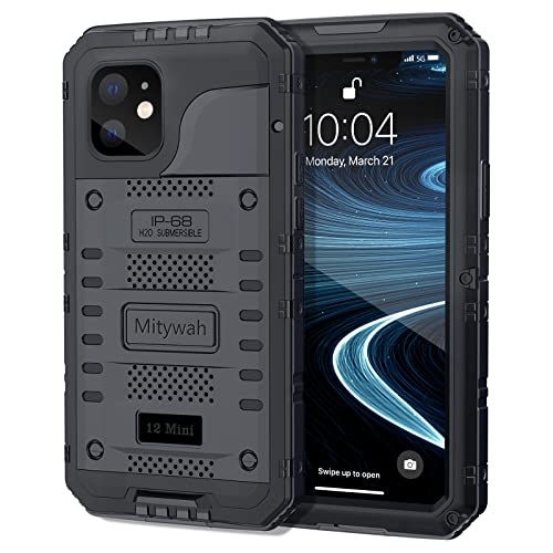 Mitywah Waterproof Case for iPhone 12 Mini, Heavy Duty Military Grade Case with Built in Screen Protector, Dust Proof Shockproof Metal Case 5.4 inch, Black