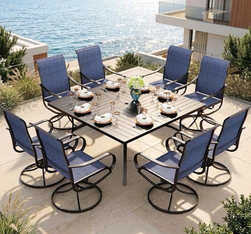 Image of Sophia & William Outdoor Dining Set for 8 w /Square Metal Table, Blue | 57.5'' table and 8 patio swivel chairs with E-coating metal & textilene fabric. Weather-resistant. Suitable for deck, garden