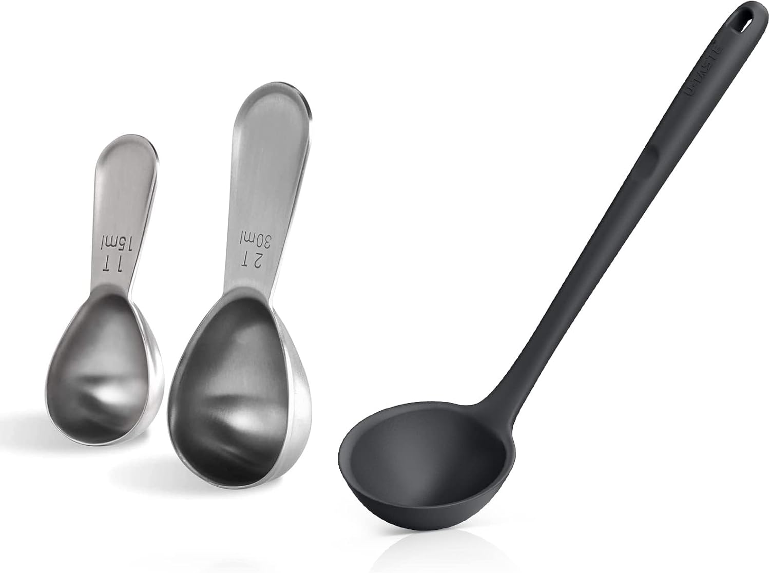 U-Taste Durable 18/8 Stainless Steel Measuring Coffee Scoop Coffee Bean Spoon, and 600ºF Heat Resistant 13 inch Large Non-Stick Silicone Soup Ladle (Black)